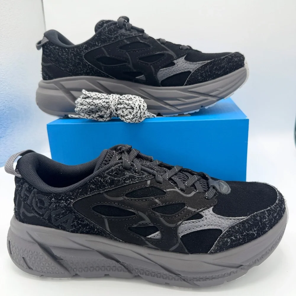 NWT Hoka Clifton Elite Terrain System L Suede Leather All Black Unisex Sneakers - Picture 4 of 16